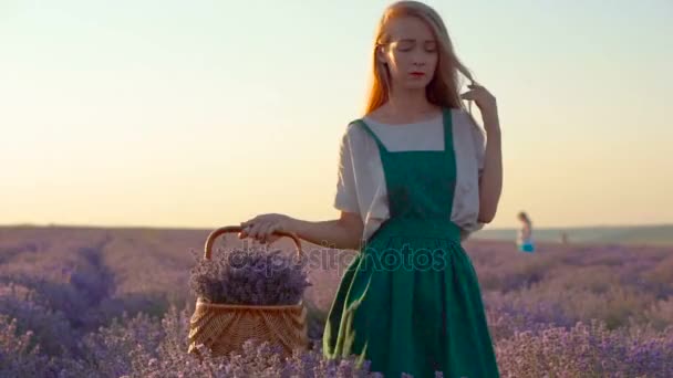 Feliz mulher bonita jovem andando no campo de lavanda com cesta em verde e branco