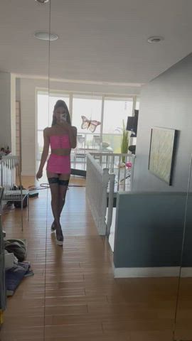 clothed high heels latex nylons pink selfie skirt trans zariah aura