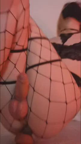 big balls blonde cum femboy fishnet hands free orgasm trans