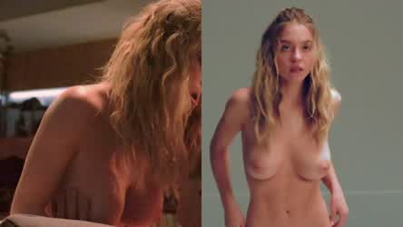Side by side comparison of the best scenes of Sydney Sweeney from The Voyeurs