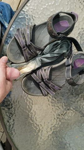 Cumming on wife's pantie and sandals on the deck