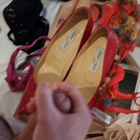 Me and buddy cum on my wife's Jimmy Choos