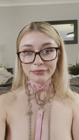 Collared, leashed and cum covered