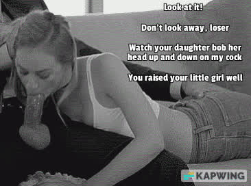 Your boss holds your daughter's hair while she bobs her head up and down on his cock