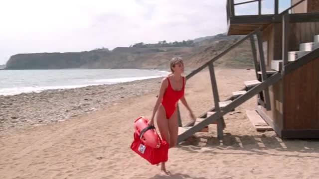 Vanessa Angel - Baywatch (S2E10, 1991) - in red swimsuit (backstory shots), talking