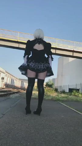 caption censored cosplay flashing high heels outdoor panties short hair upskirt